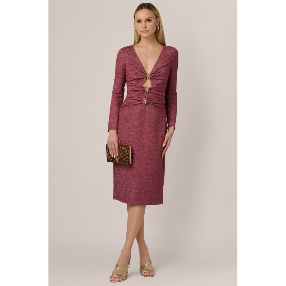 NWT Adrianna Papell Crimson Metallic Knit Midi Dress Size 8 Holiday Cocktail